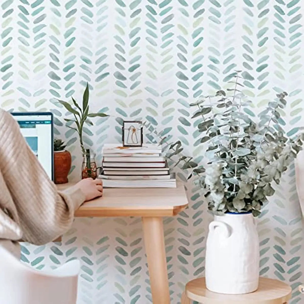 Green & White Boho Leaf Herringbone Peel & Stick Wallpaper