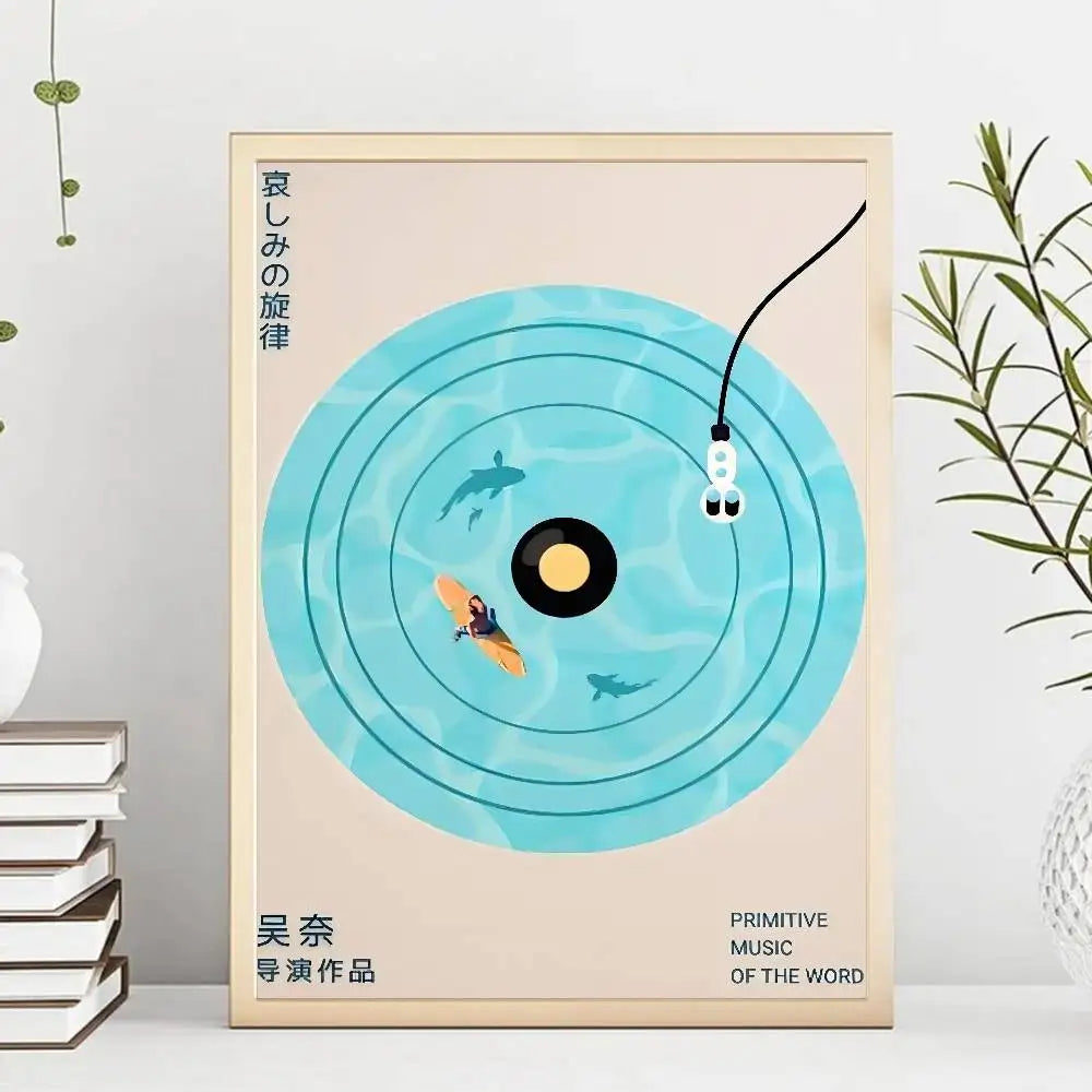 Retro Japanese Vinyl Record Art Print - Turquoise