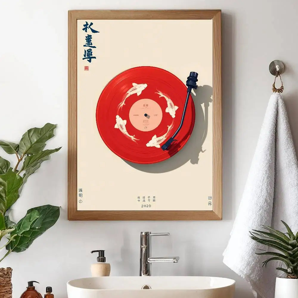 Retro Japanese Vinyl Record Art Print - Red