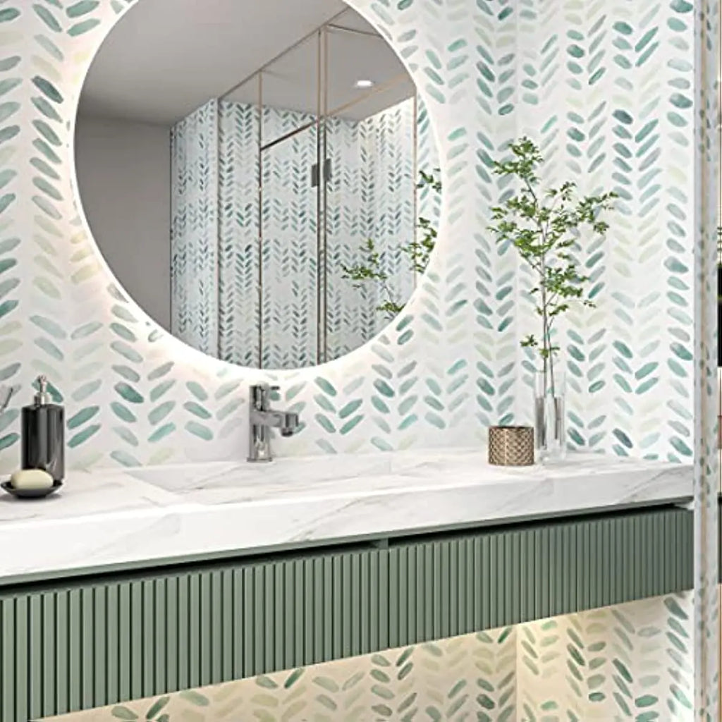 Green & White Boho Leaf Herringbone Peel & Stick Wallpaper