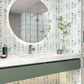 Green & White Boho Leaf Herringbone Peel & Stick Wallpaper