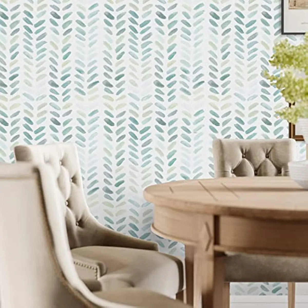 Green & White Boho Leaf Herringbone Peel & Stick Wallpaper