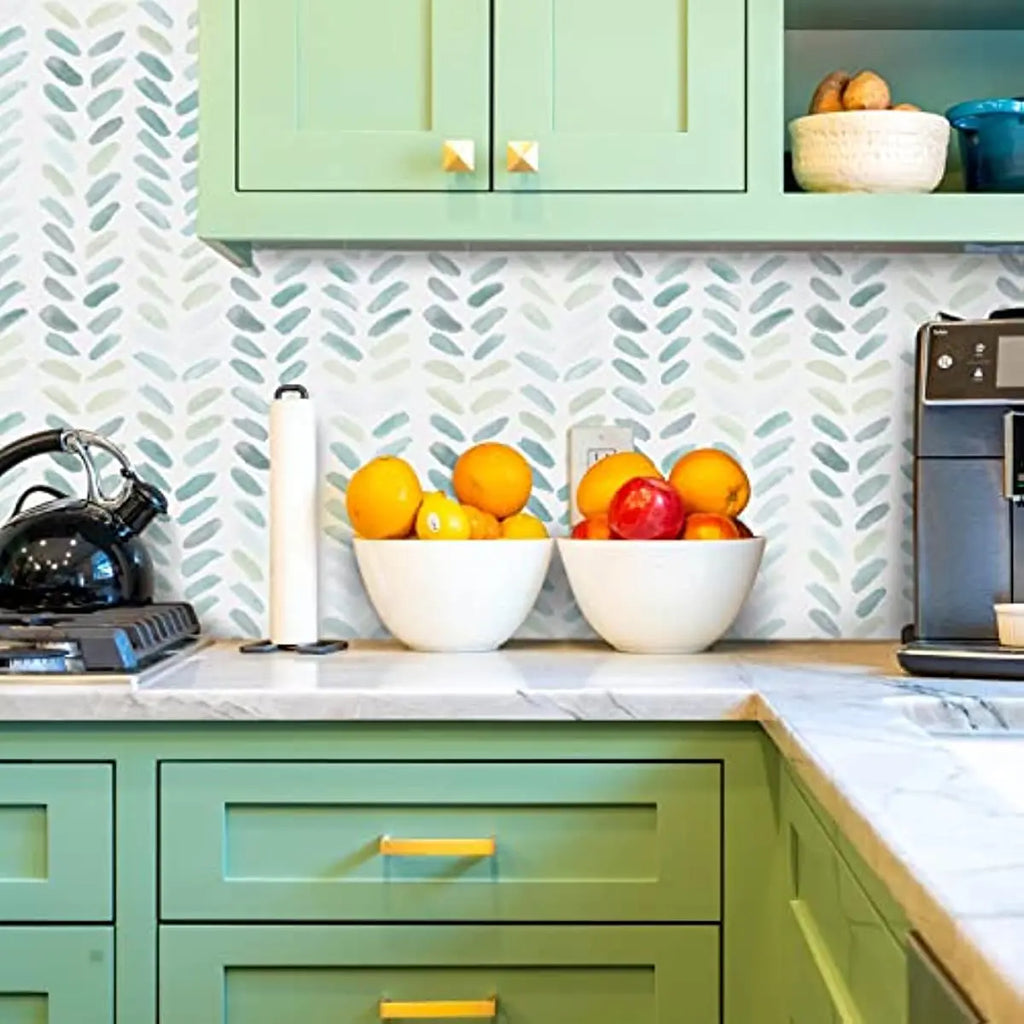 Green & White Boho Leaf Herringbone Peel & Stick Wallpaper