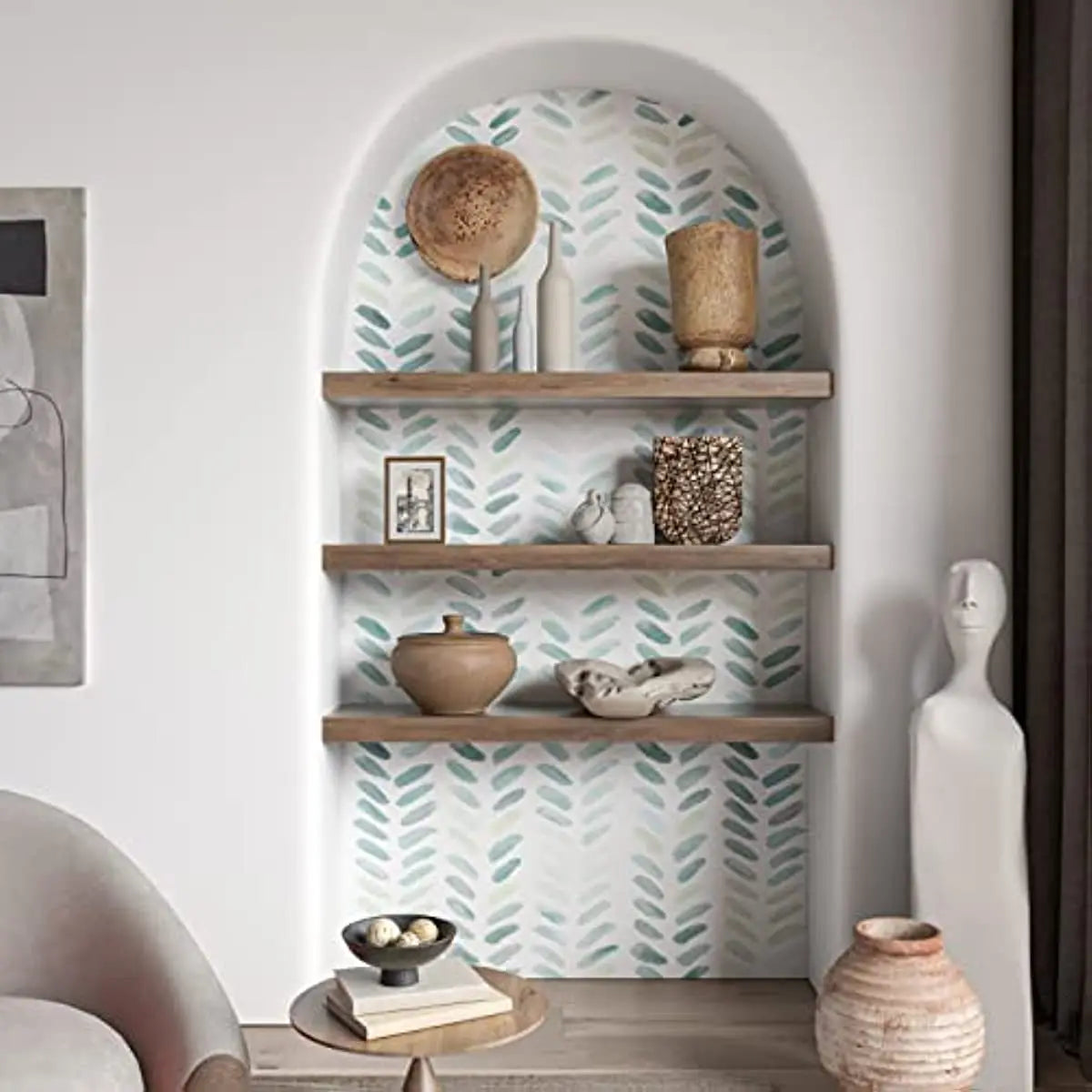 Green & White Boho Leaf Herringbone Peel & Stick Wallpaper